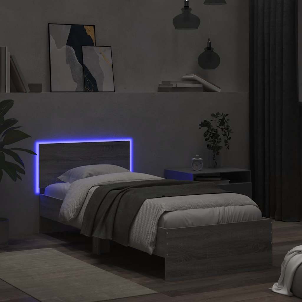 sengeramme med sengegavl og LED-lys 90x190 cm grå sonoma-eg