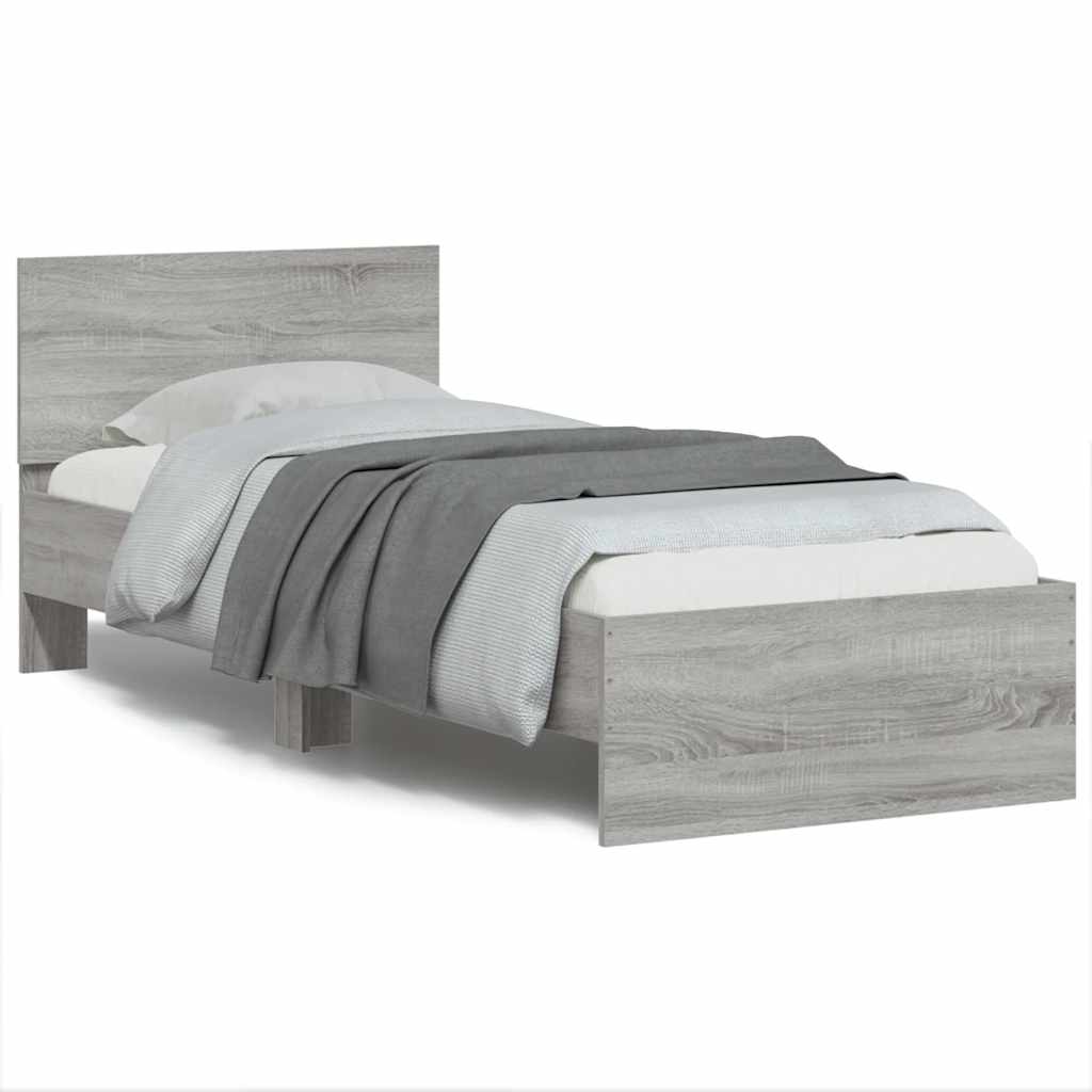 sengeramme med sengegavl og LED-lys 90x190 cm grå sonoma-eg