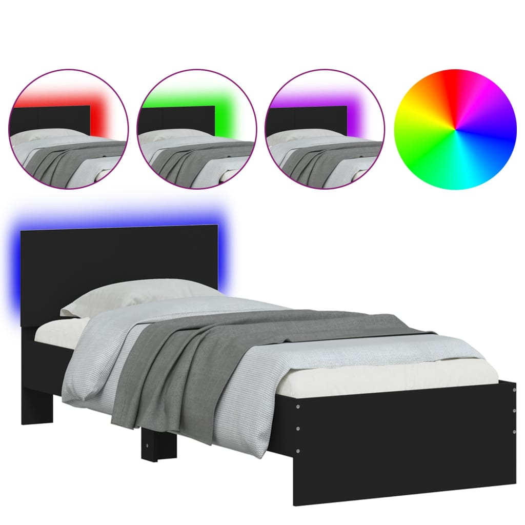 sengeramme med sengegavl og LED-lys 75x190 cm sort