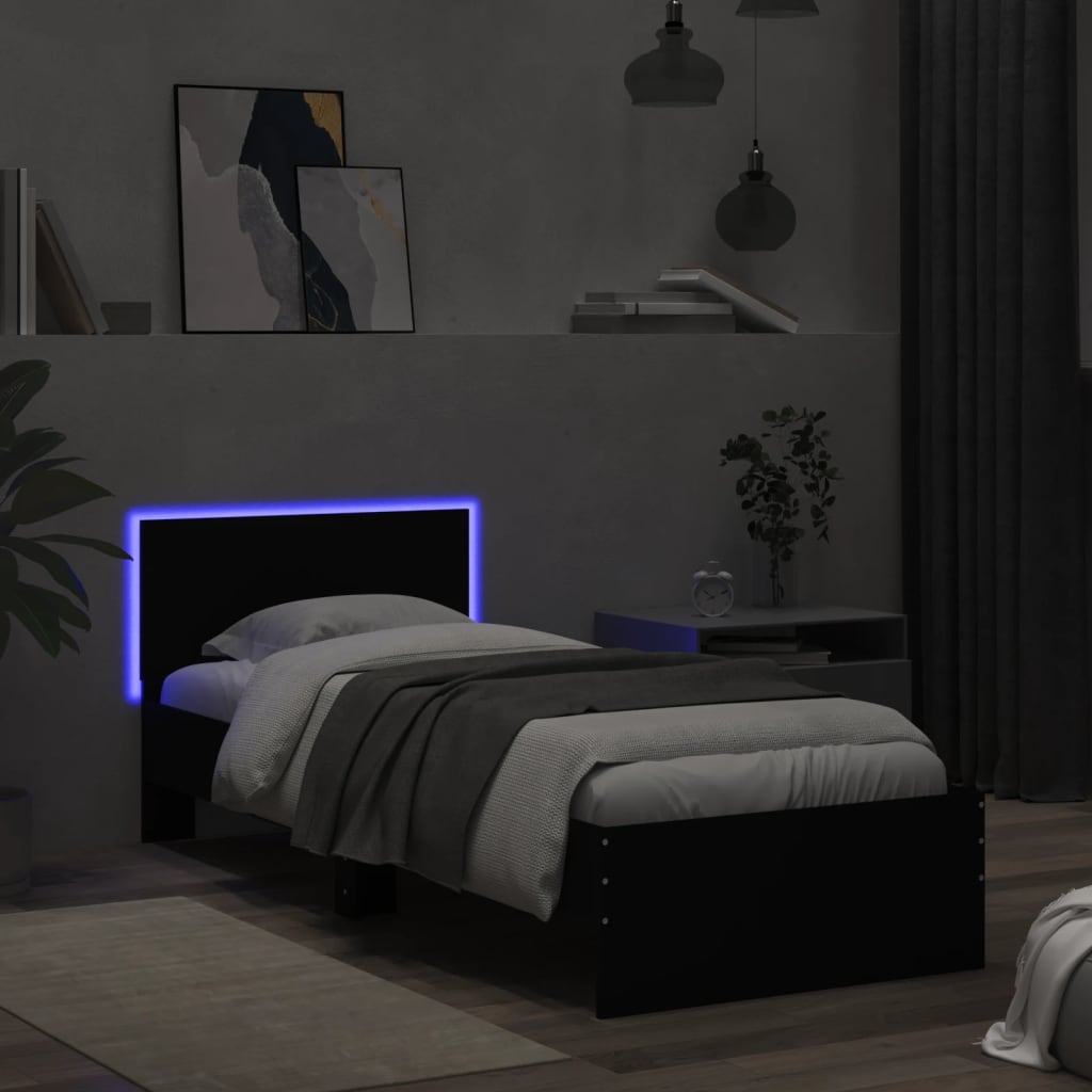 sengeramme med sengegavl og LED-lys 75x190 cm sort