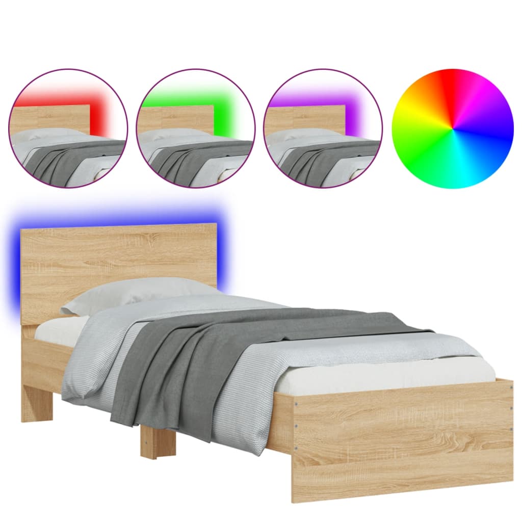 sengeramme med sengegavl og LED-lys 75x190 cm sonoma-eg