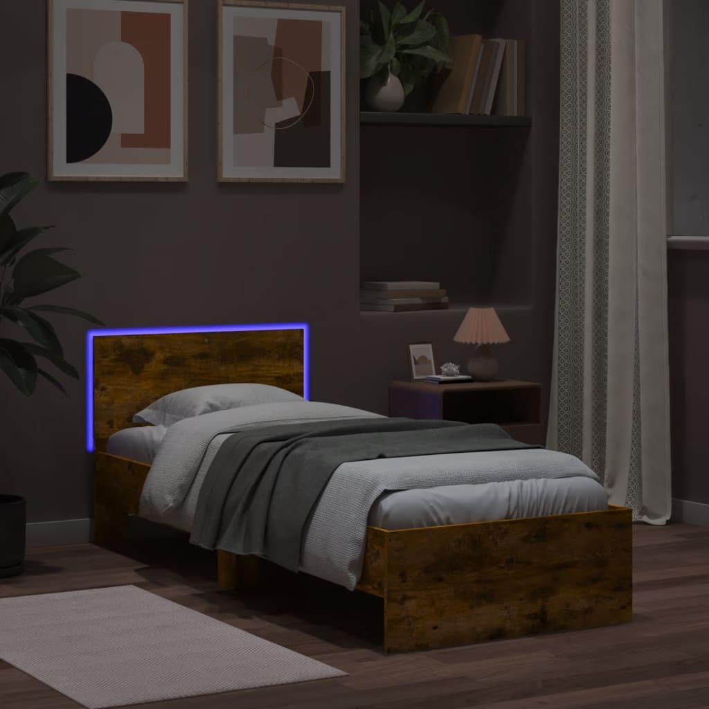 sengeramme med sengegavl og LED-lys 75x190 cm røget egetræ