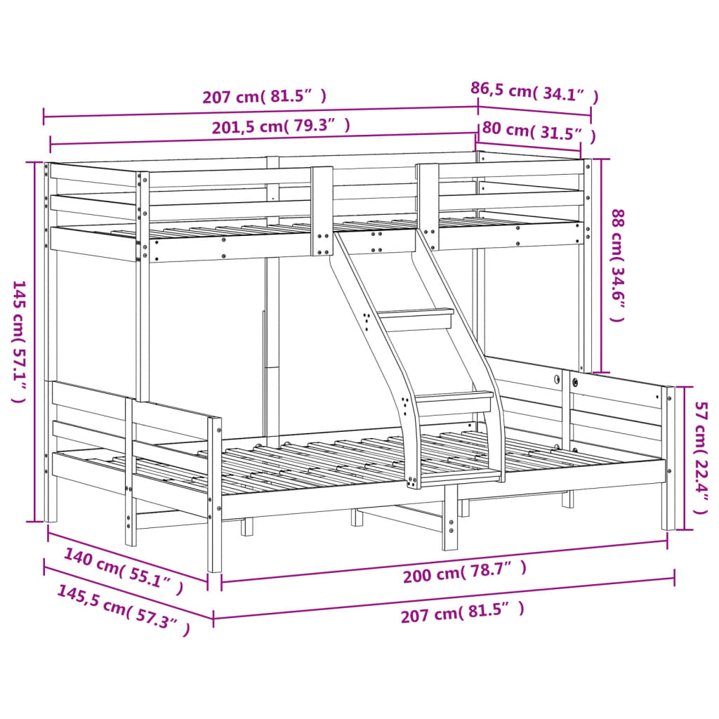 køjeseng 80x200/140x200 cm massivt fyrretræ hvid