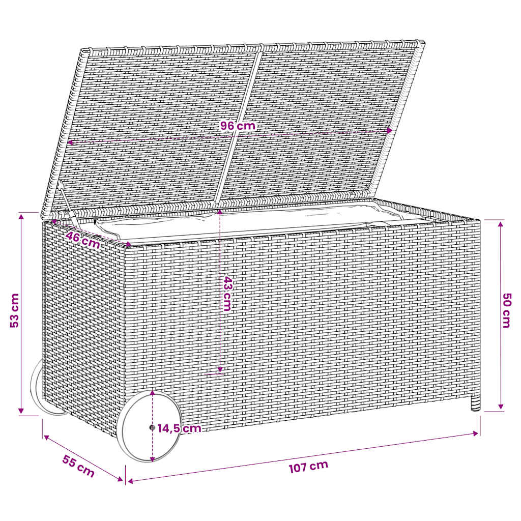 opbevaringsboks med hjul 190 l polyrattan sort
