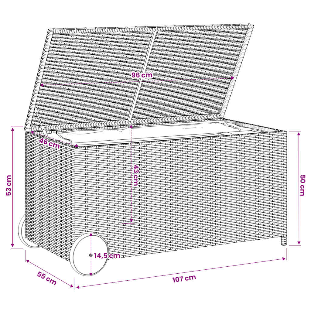 opbevaringsboks med hjul 190 l polyrattan brun