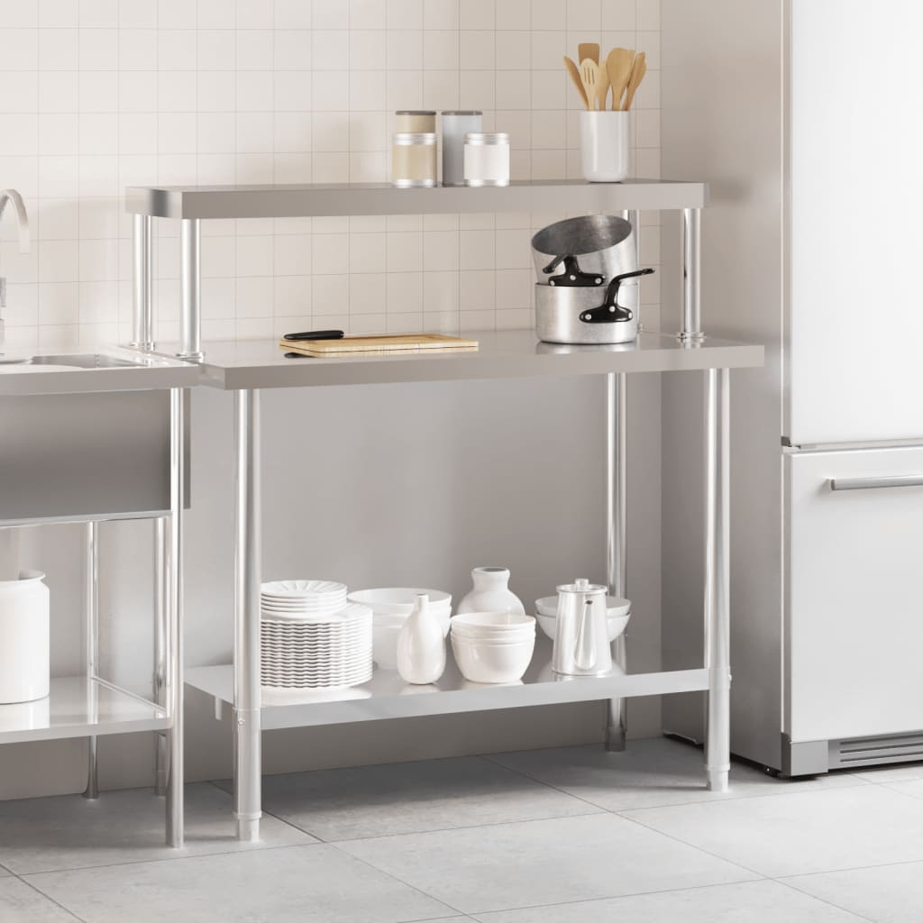 køkkenbord med tophylde 110x55x120 cm rustfrit stål
