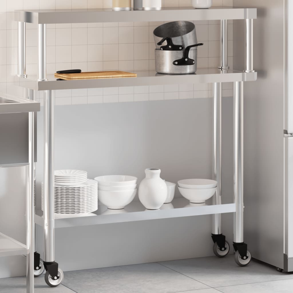 køkkenbord med tophylde 110x30x120 cm rustfrit stål