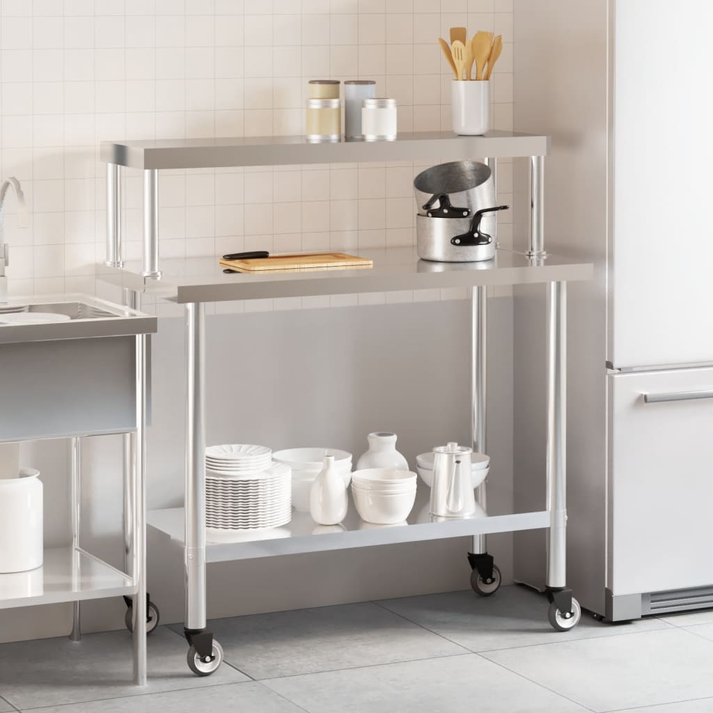 køkkenbord med tophylde 110x55x120 cm rustfrit stål