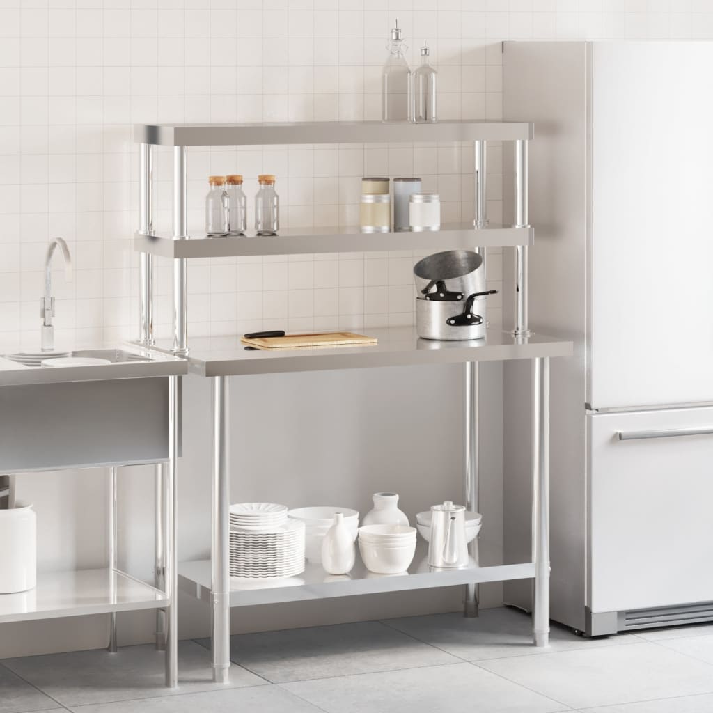 køkkenbord med tophylde 110x55x150 cm rustfrit stål