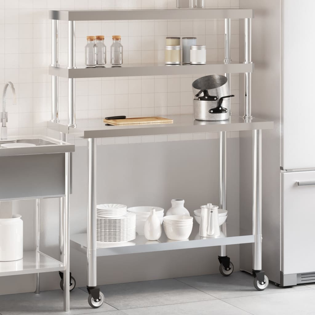 køkkenbord med tophylde 110x55x150 cm rustfrit stål