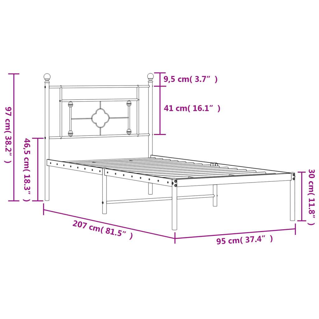 sengeramme med sengegavl 90x200 cm metal sort