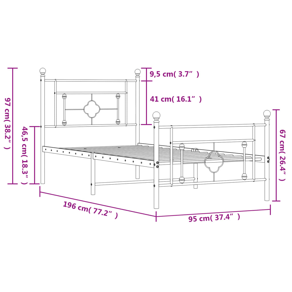 sengeramme med sengegavl og fodgærde 90x190 cm metal sort