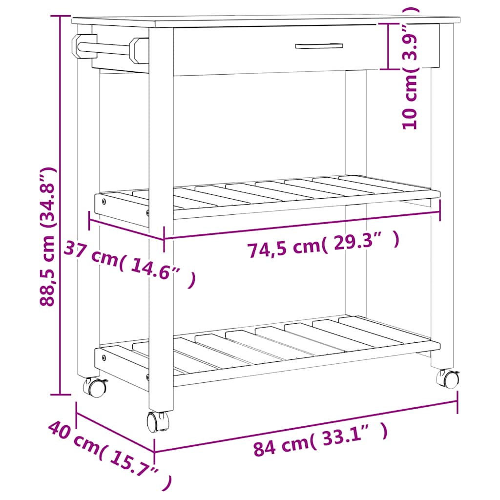 køkkenvogn MONZA 84x40x88,5 cm massivt fyrretræ