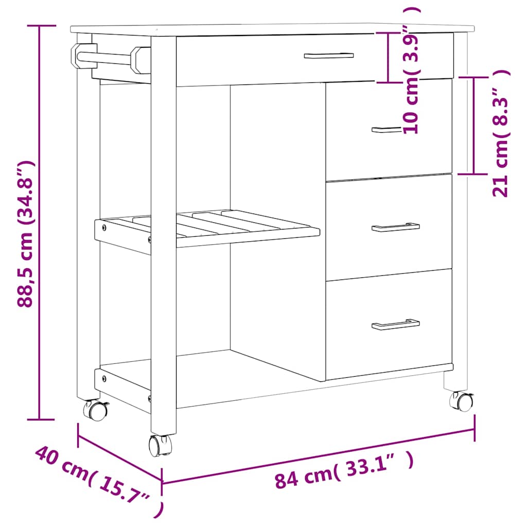 køkkenvogn MONZA 84x40x88,5 cm massivt fyrretræ