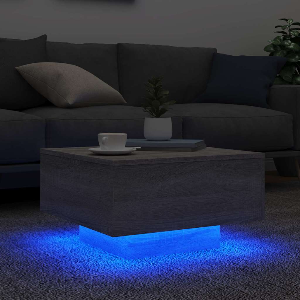 sofabord med LED-lys 55x55x31 cm grå sonoma-eg