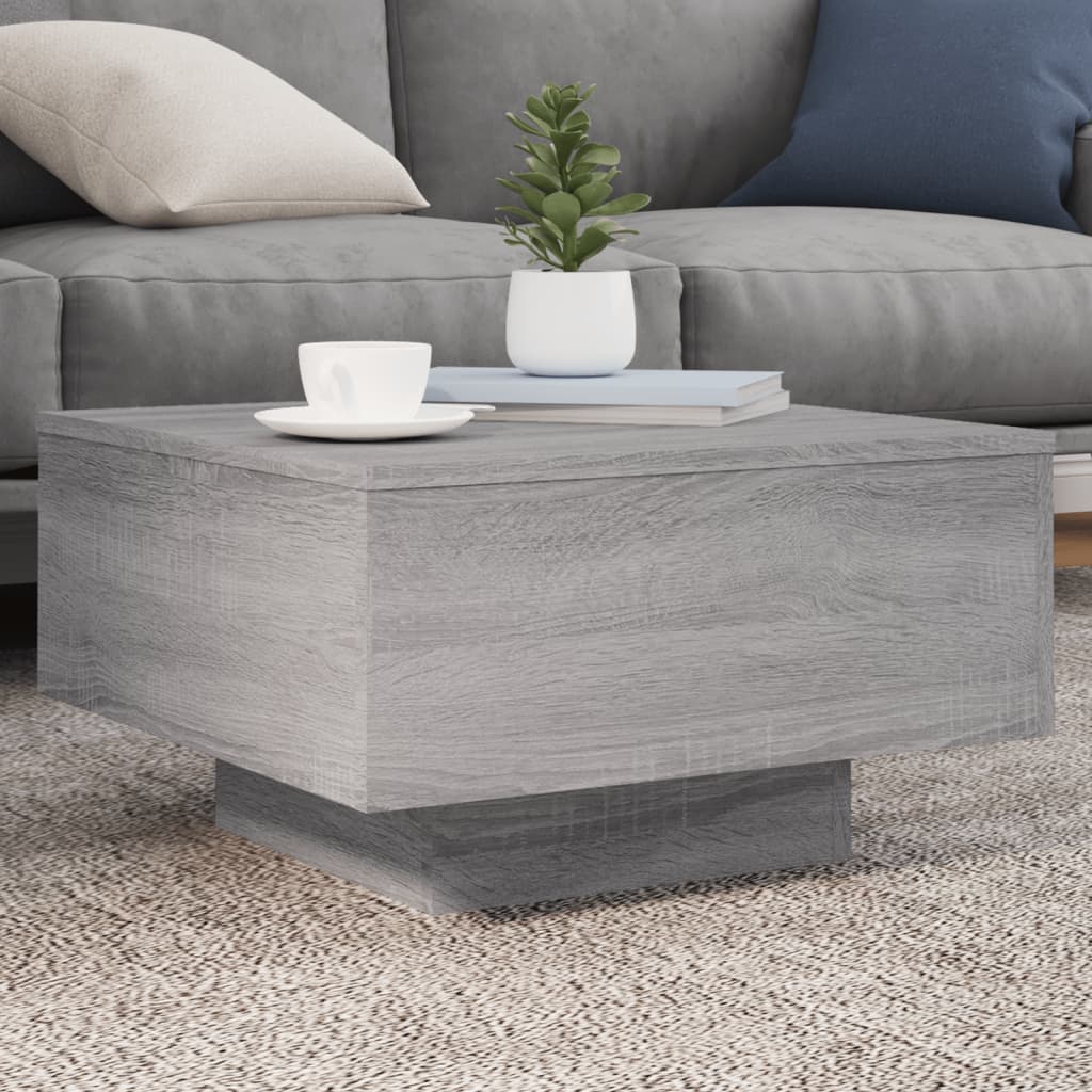 sofabord med LED-lys 55x55x31 cm grå sonoma-eg