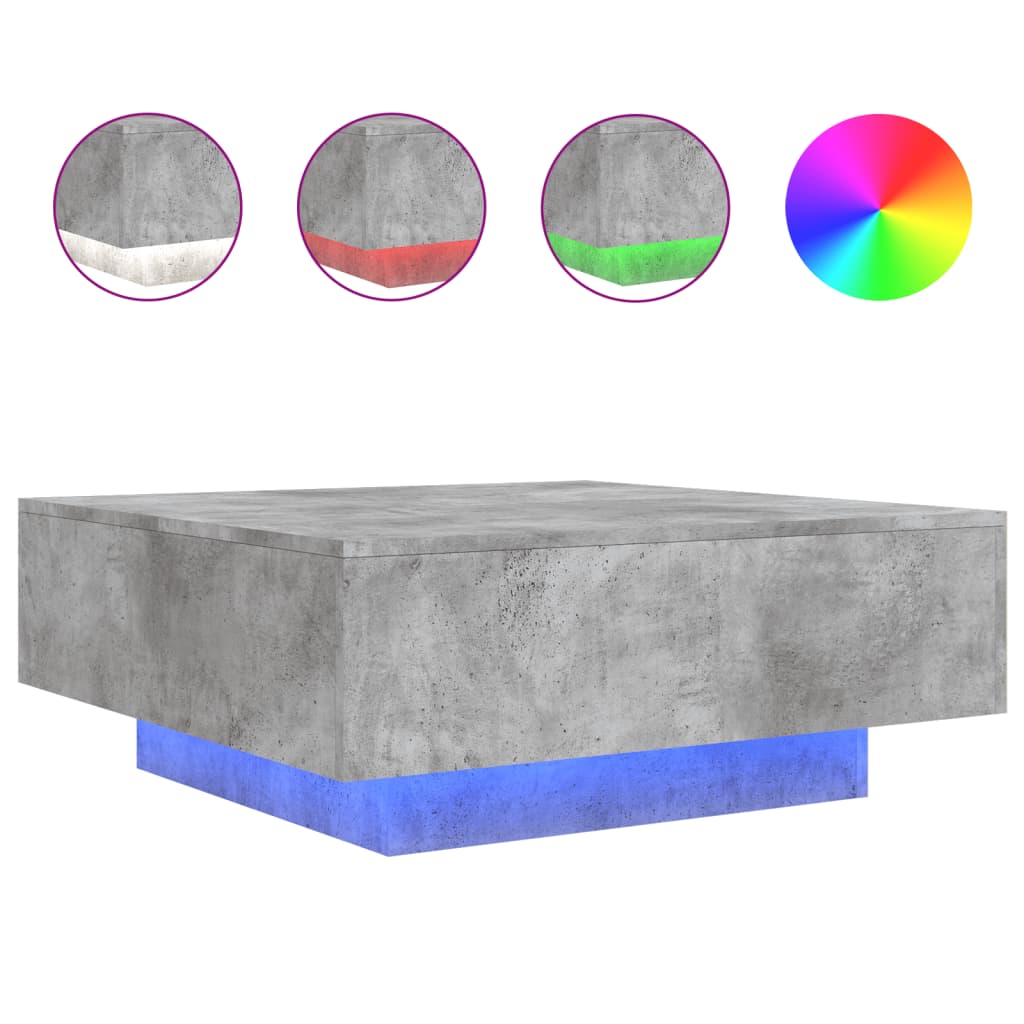 sofabord med LED-lys 80x80x31 cm betongrå