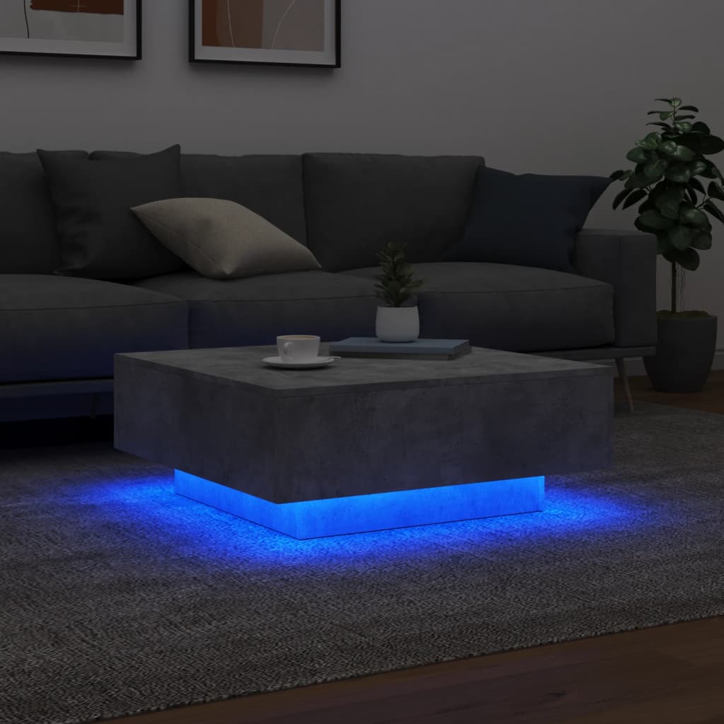 sofabord med LED-lys 80x80x31 cm betongrå