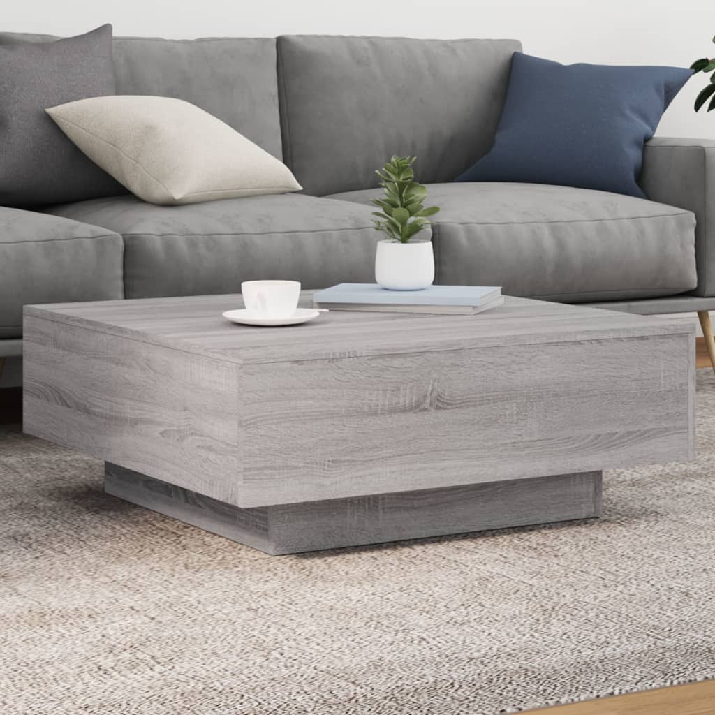 sofabord med LED-lys 80x80x31 cm grå sonoma-eg