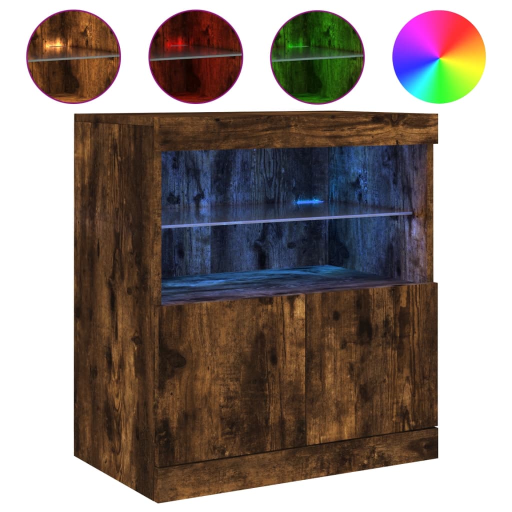 skænk med LED-lys 202x37x67 cm røget egetræsfarve