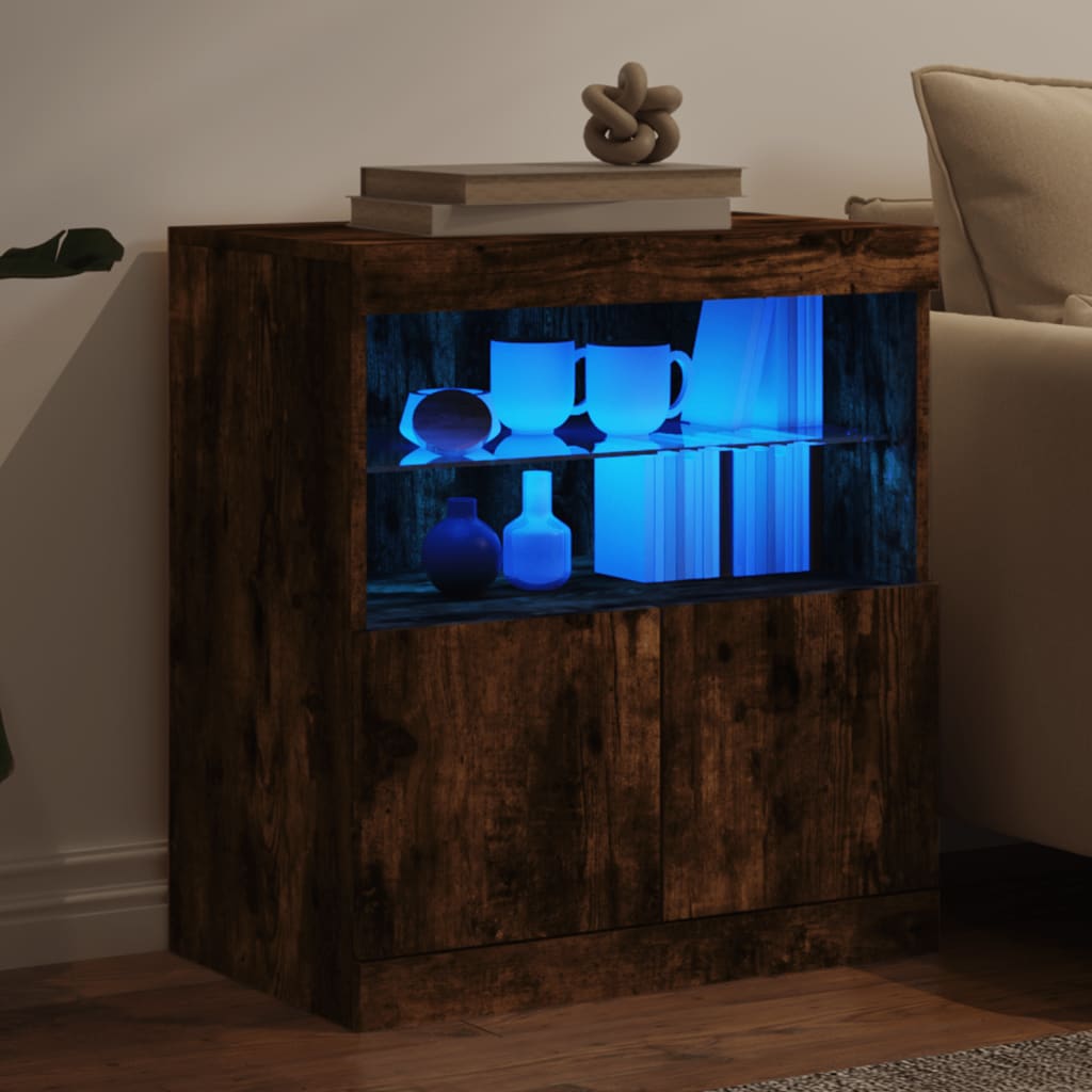 skænk med LED-lys 202x37x67 cm røget egetræsfarve