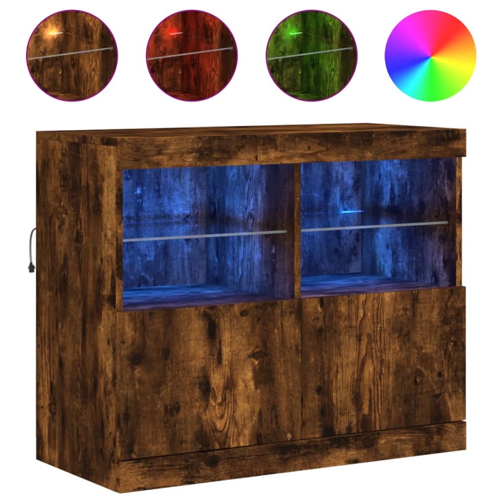 skænk med LED-lys 81x37x67 cm røget egetræsfarve
