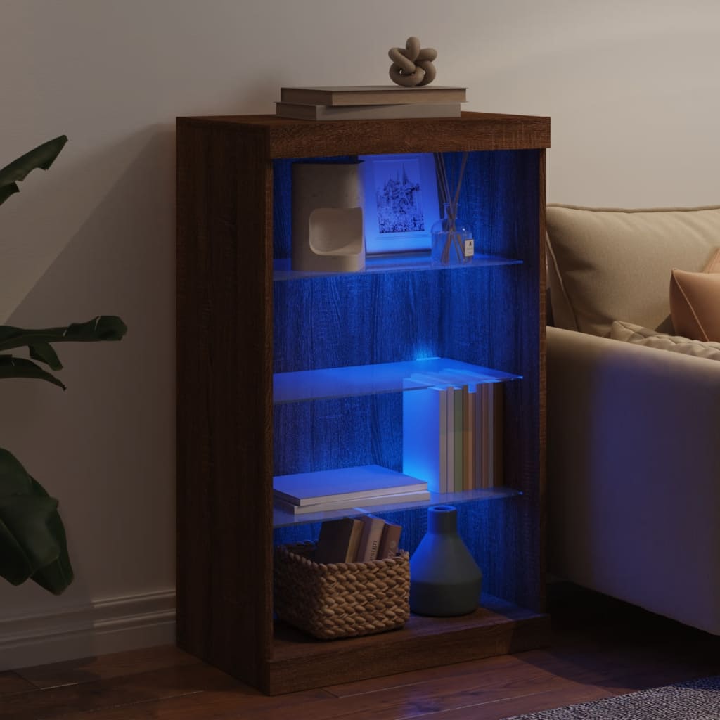 skænk med LED-lys 60,5x37x100 cm brun egetræsfarve