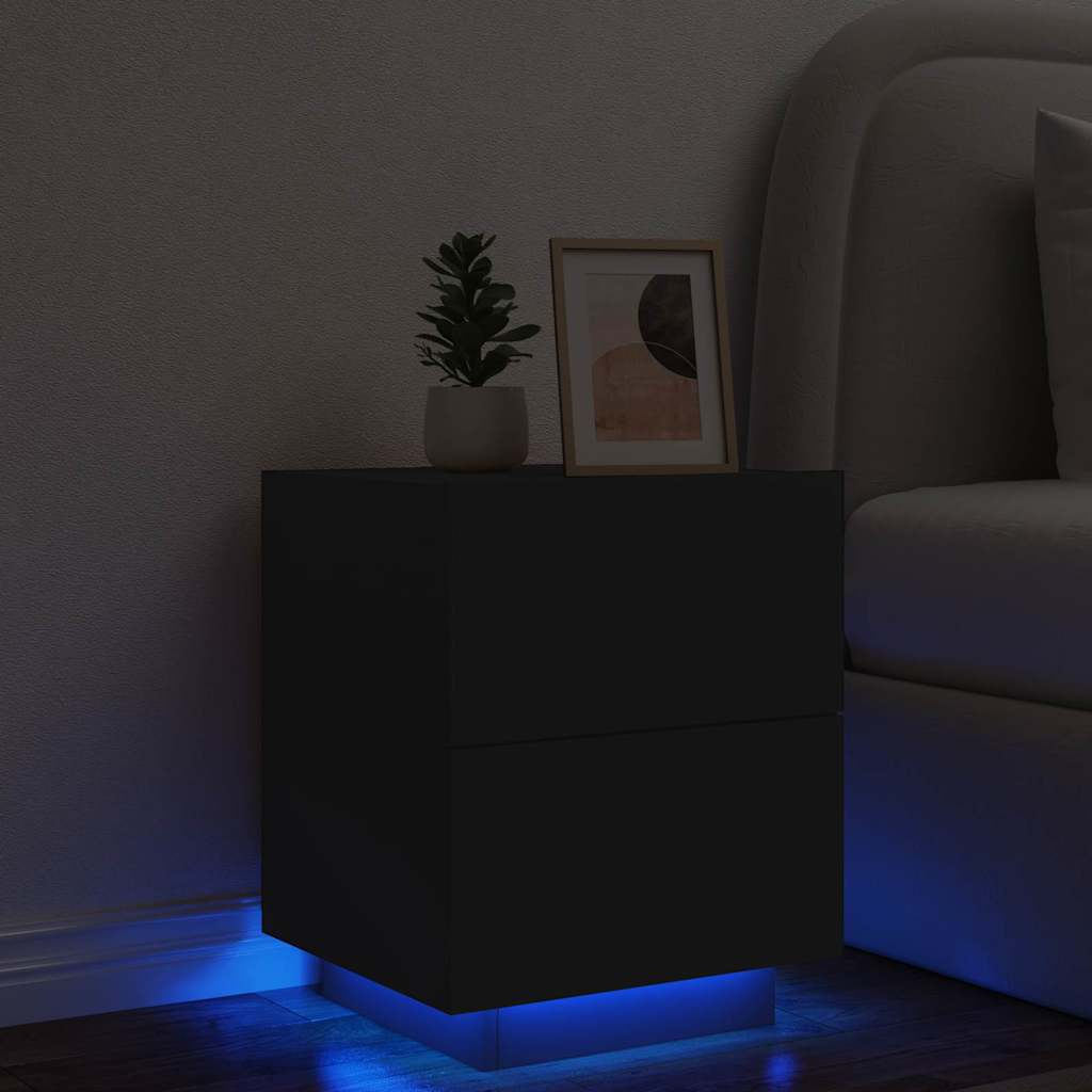 sengebord med LED-lys konstrueret træ sort
