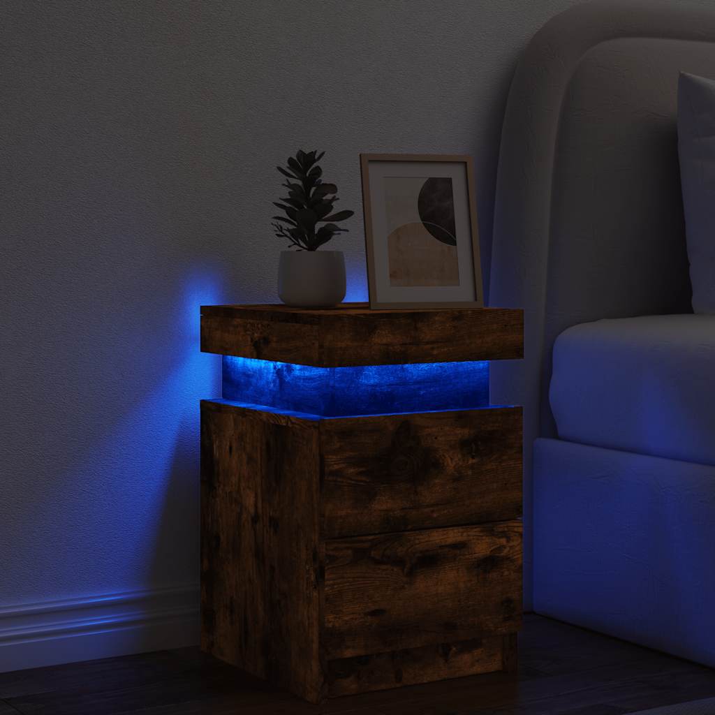 sengebord med LED-lys 35x39x55 cm røget egetræsfarve