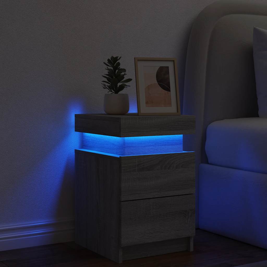sengebord med LED-lys 35x39x55 cm grå sonoma-eg