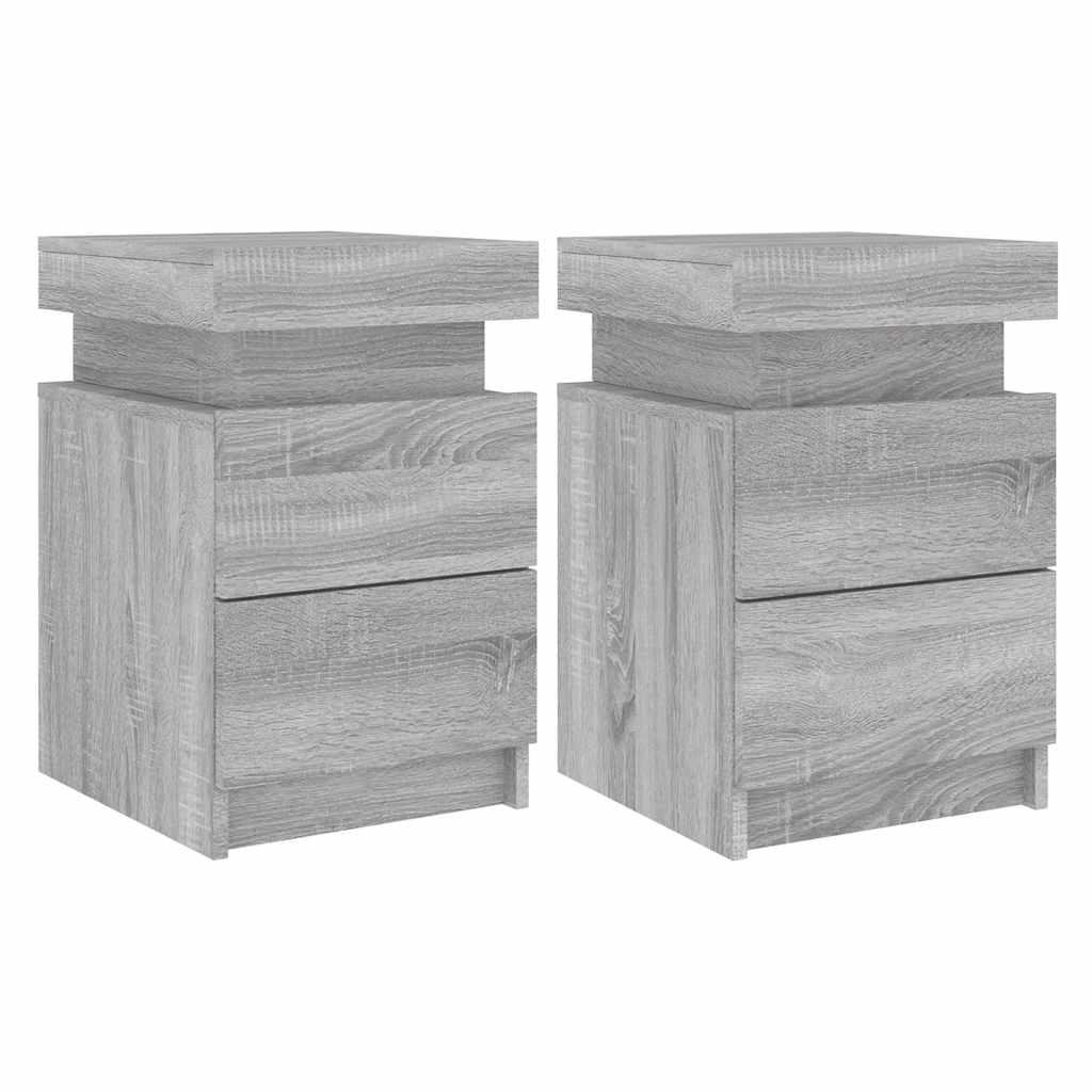 sengeborde 2 stk. med LED-lys 35x39x55 cm grå sonoma-eg