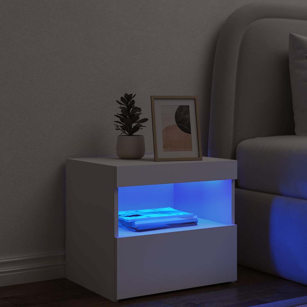 sengebord med LED-lys 50x40x45 cm hvid