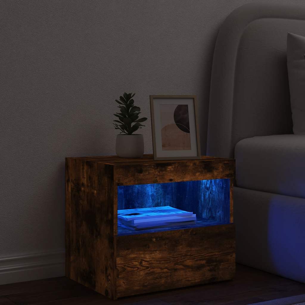 sengebord med LED-lys 50x40x45 cm røget egetræsfarve
