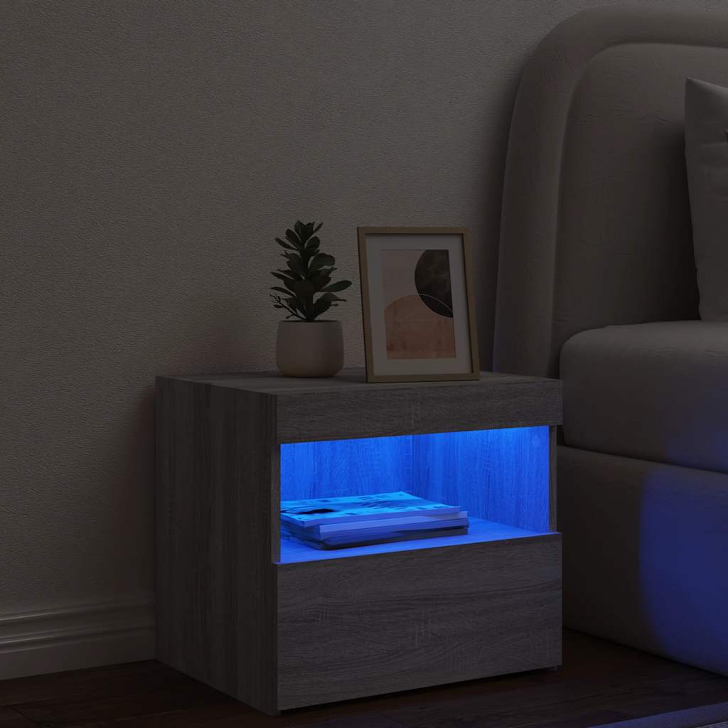 sengebord med LED-lys 50x40x45 cm grå sonoma-eg