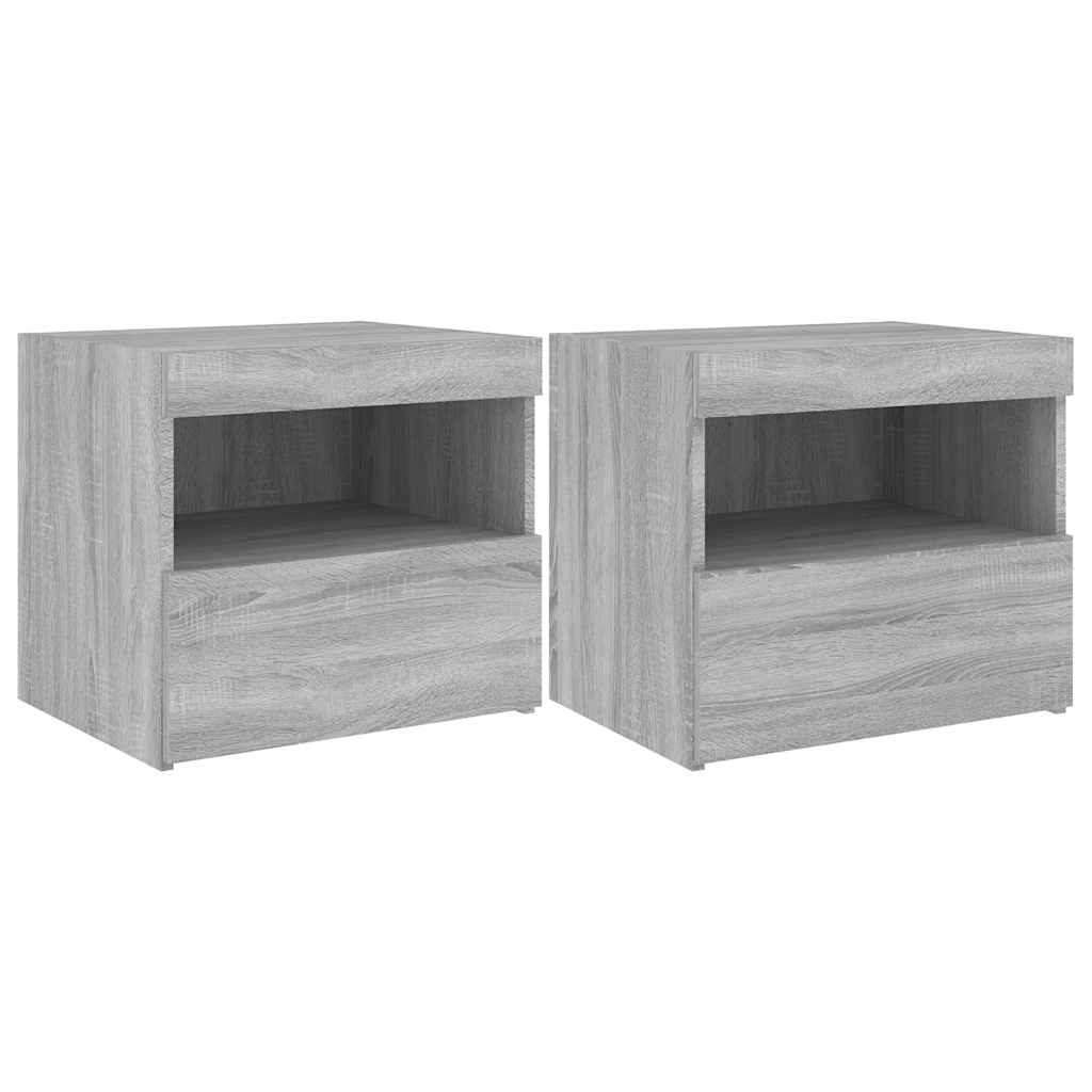 sengeborde 2 stk. med LED-lys 50x40x45 cm grå sonoma-eg