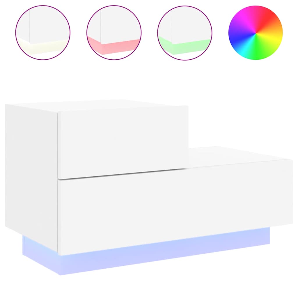 sengebord med LED-lys 70x36x40,5 cm hvid
