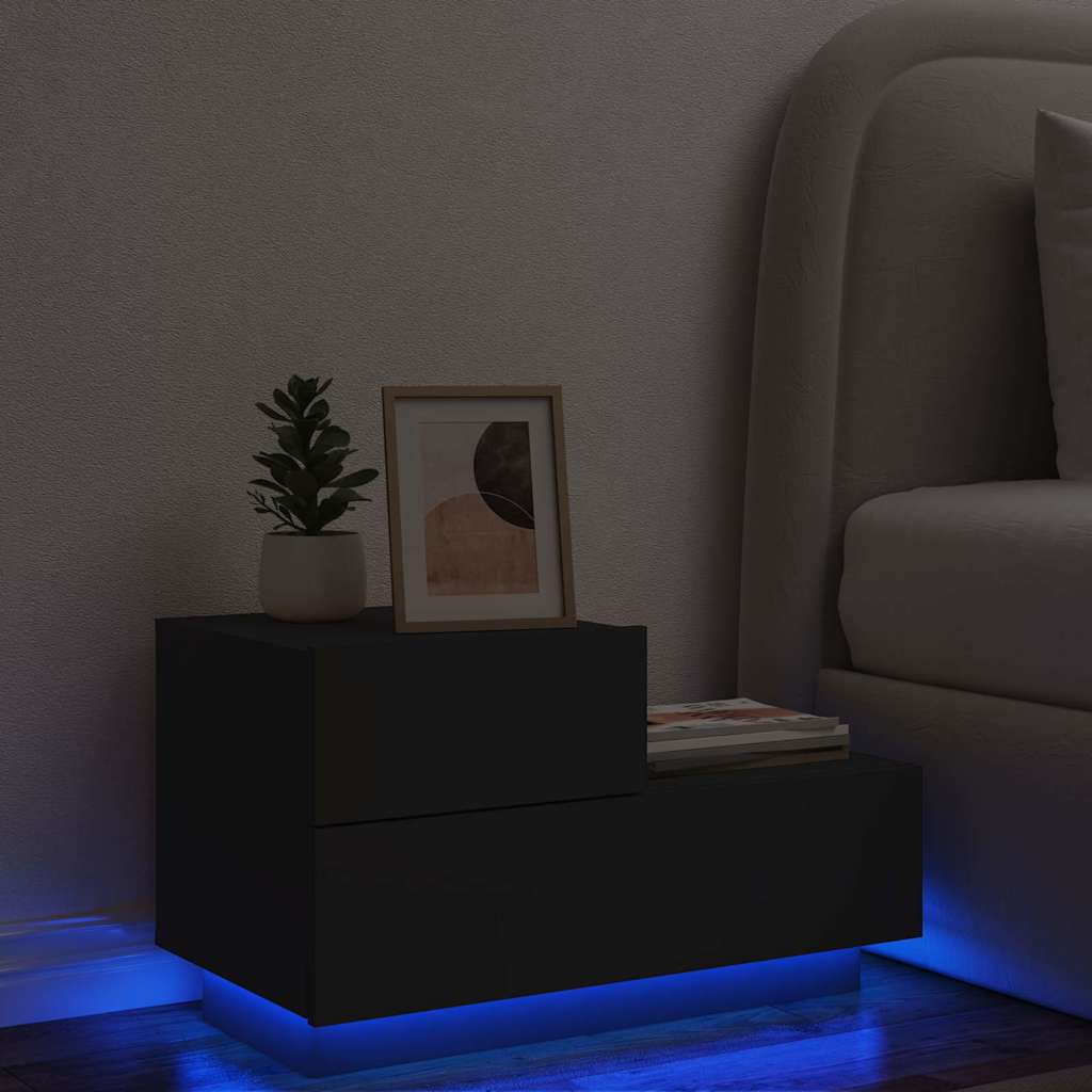 sengebord med LED-lys 70x36x40,5 cm sort