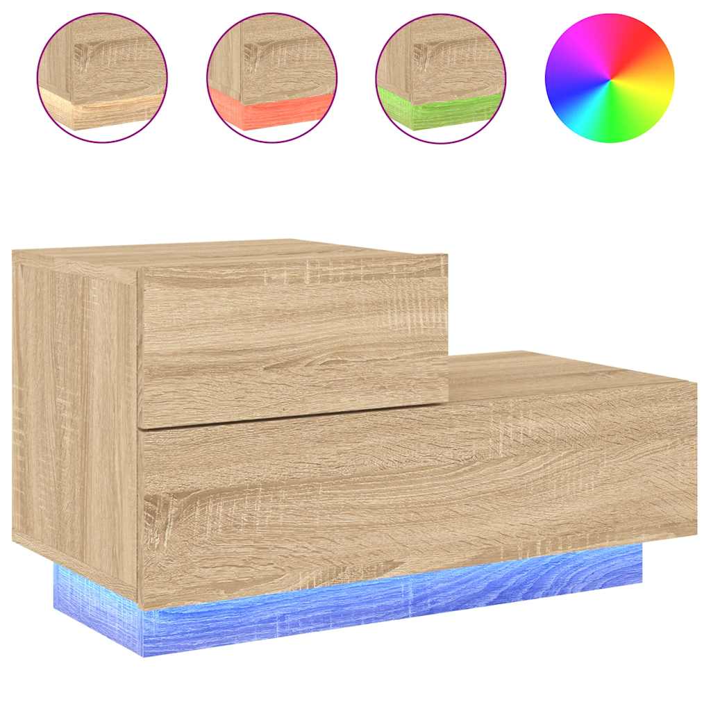 sengebord med LED-lys 70x36x40,5 cm sonoma-eg
