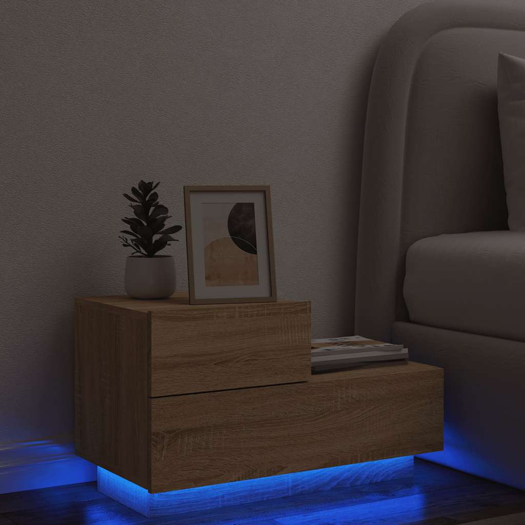 sengebord med LED-lys 70x36x40,5 cm sonoma-eg
