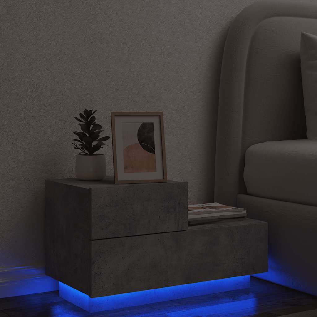 sengebord med LED-lys 70x36x40,5 cm betongrå