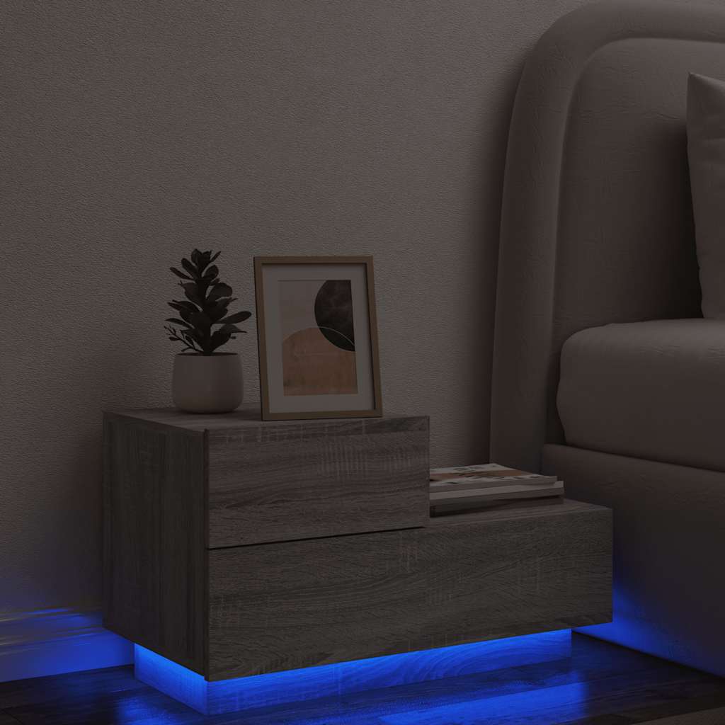 sengebord med LED-lys 70x36x40,5 cm grå sonoma-eg