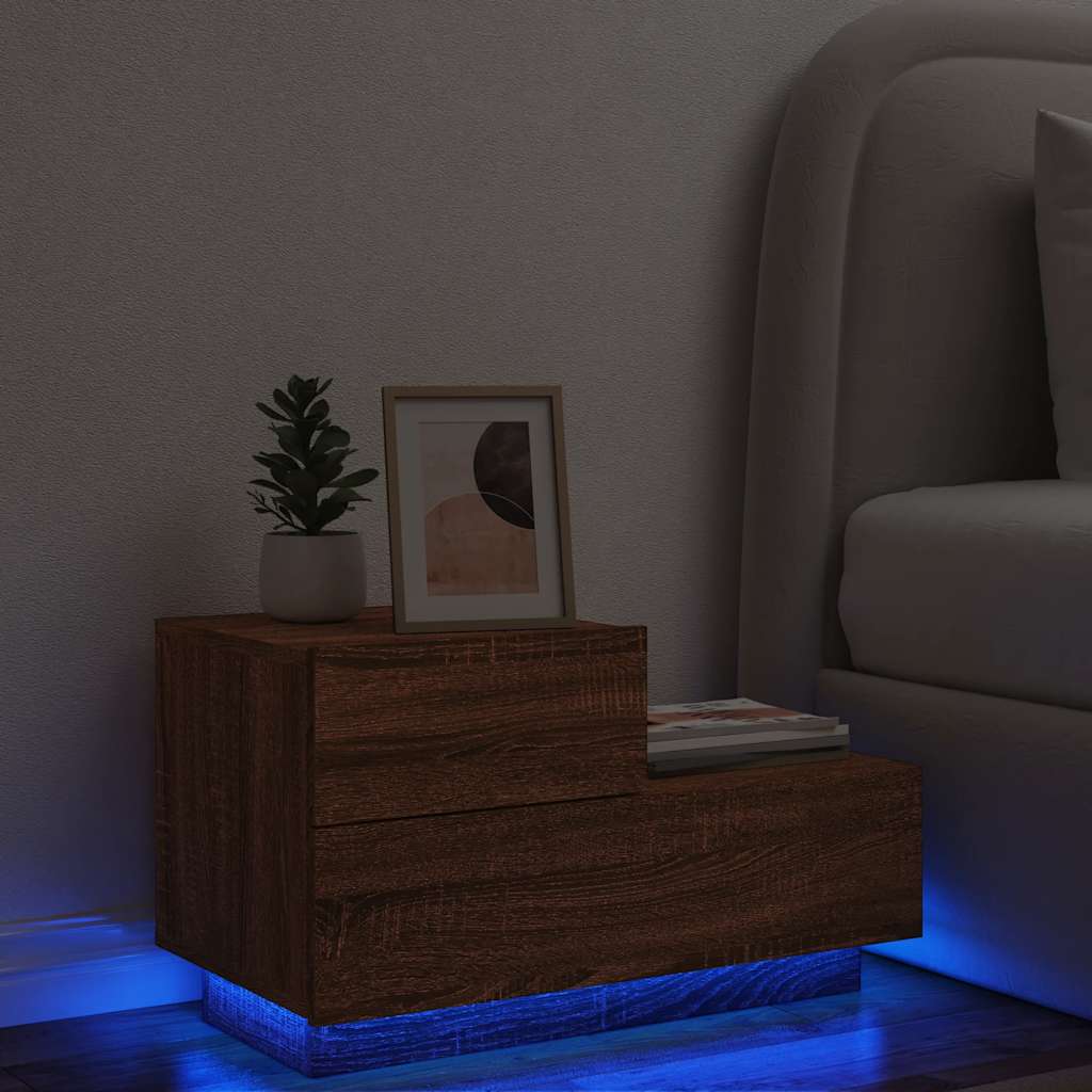 sengebord med LED-lys 70x36x40,5 cm brun egetræsfarve