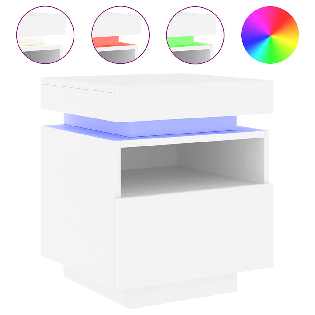 sengebord med LED-lys 40x39x48,5 cm hvid
