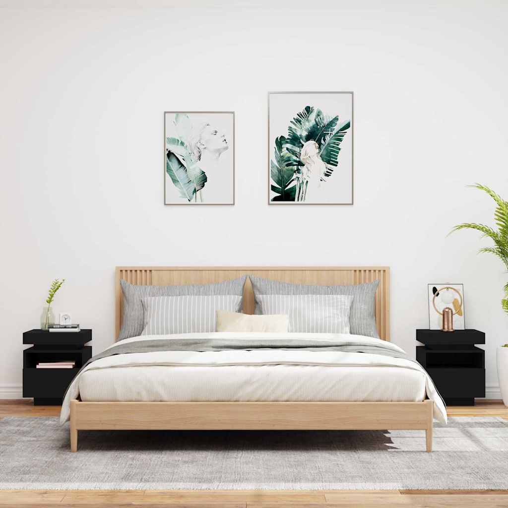 sengeborde 2 stk. med LED-lys 40x39x48,5 cm sort