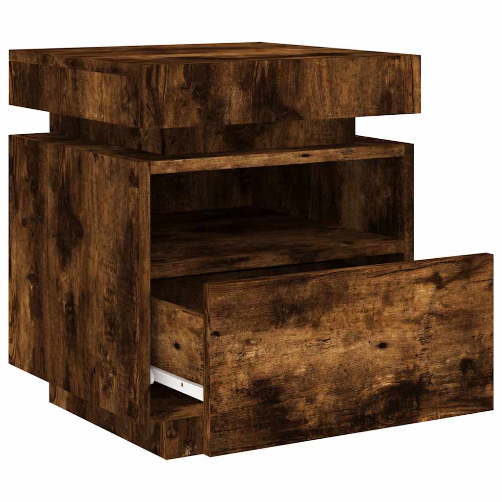 sengebord med LED-lys 40x39x48,5 cm røget egetræsfarve