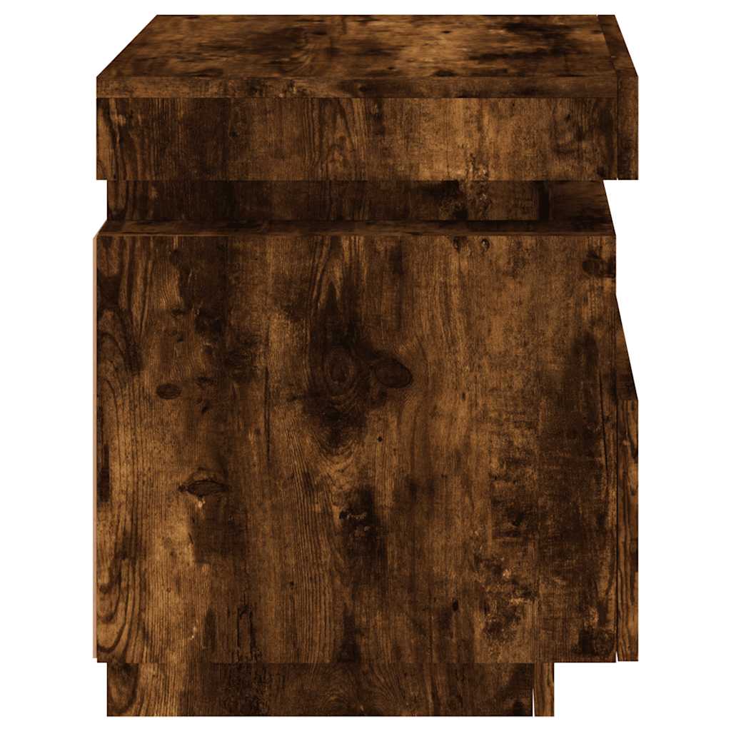 sengebord med LED-lys 40x39x48,5 cm røget egetræsfarve