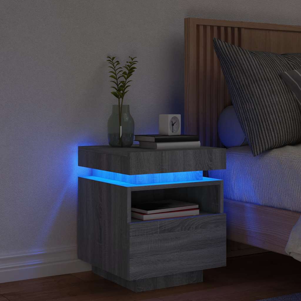 sengebord med LED-lys 40x39x48,5 cm grå sonoma-eg