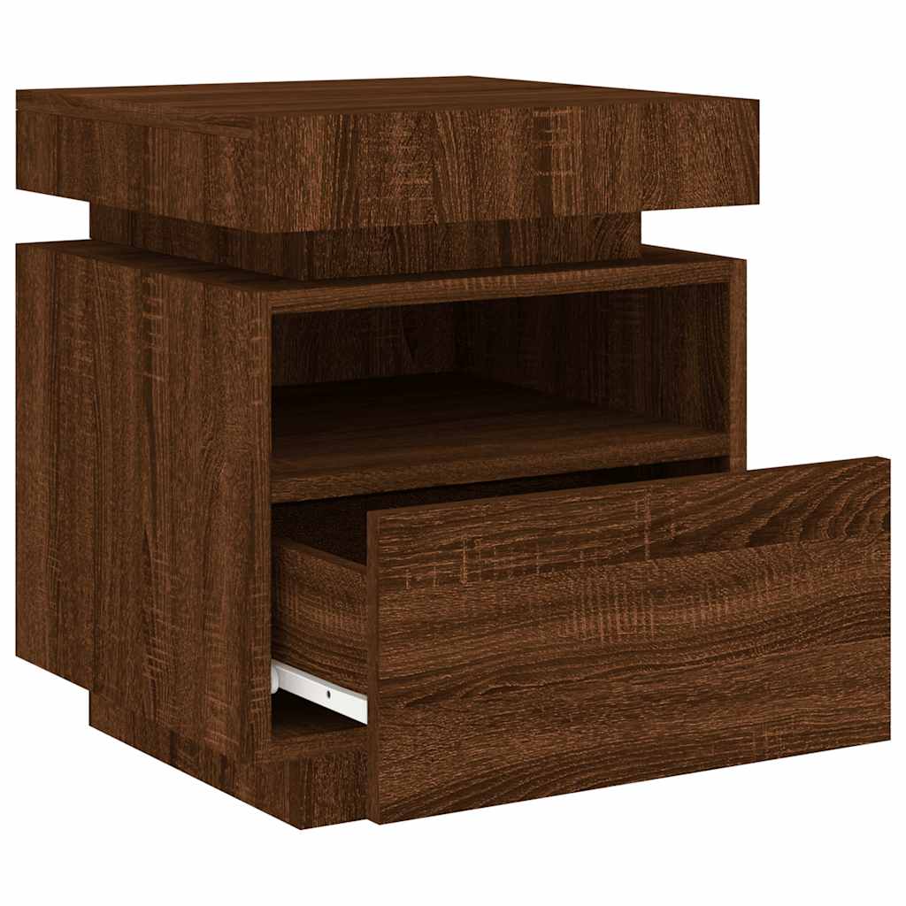 sengebord med LED-lys 40x39x48,5 cm brun egetræsfarve