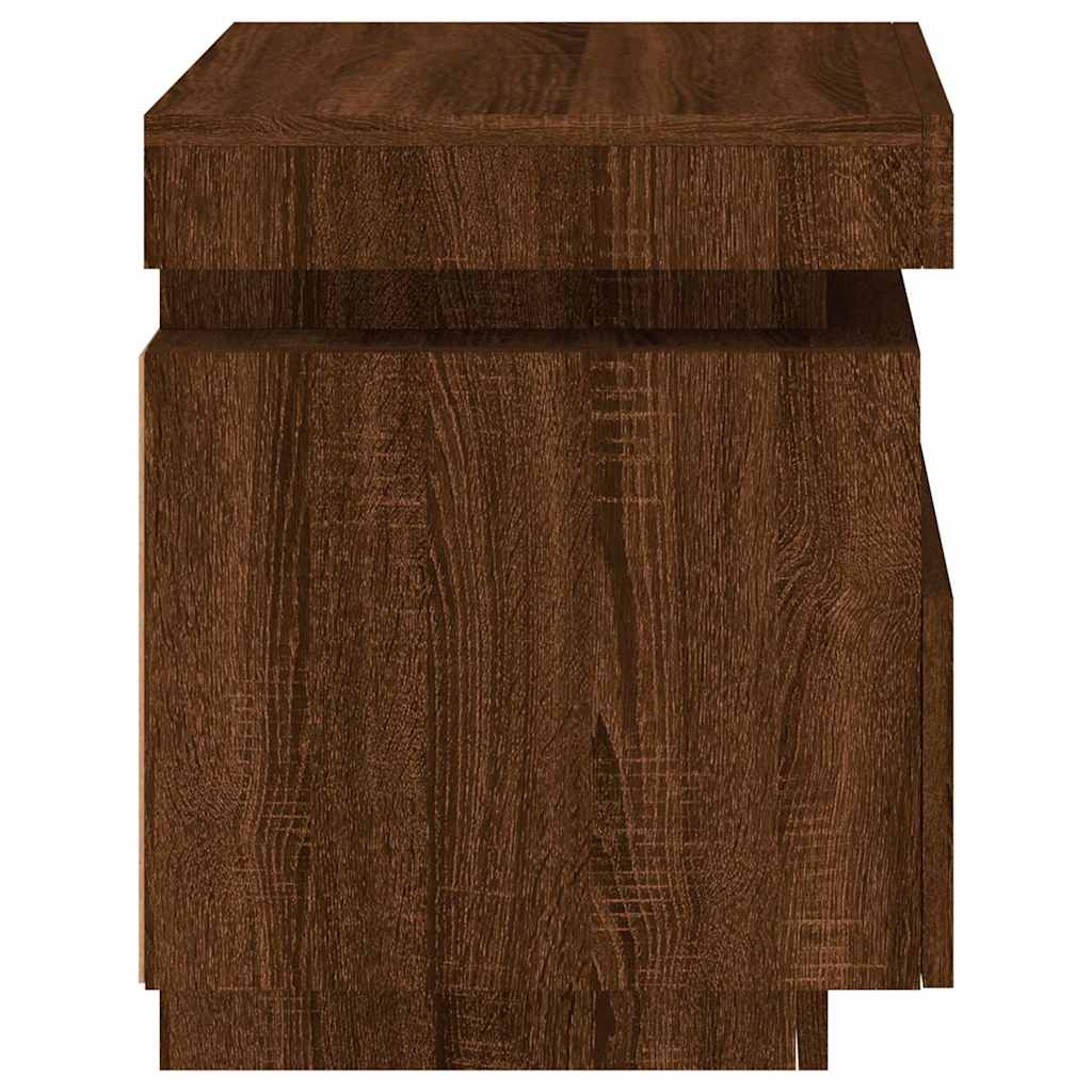 sengebord med LED-lys 40x39x48,5 cm brun egetræsfarve