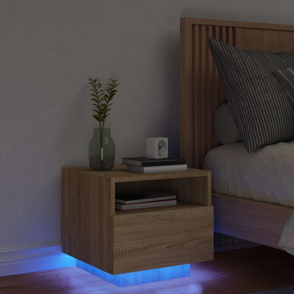 sengebord med LED-lys 40x39x37 cm sonoma-eg